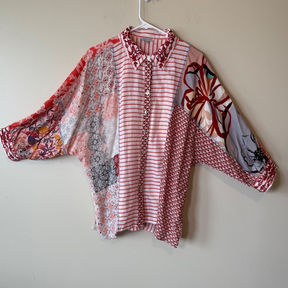 John Mark Cotton Patchwork Button Up Shirt L/XL Red Mixed Embroidered Batwing